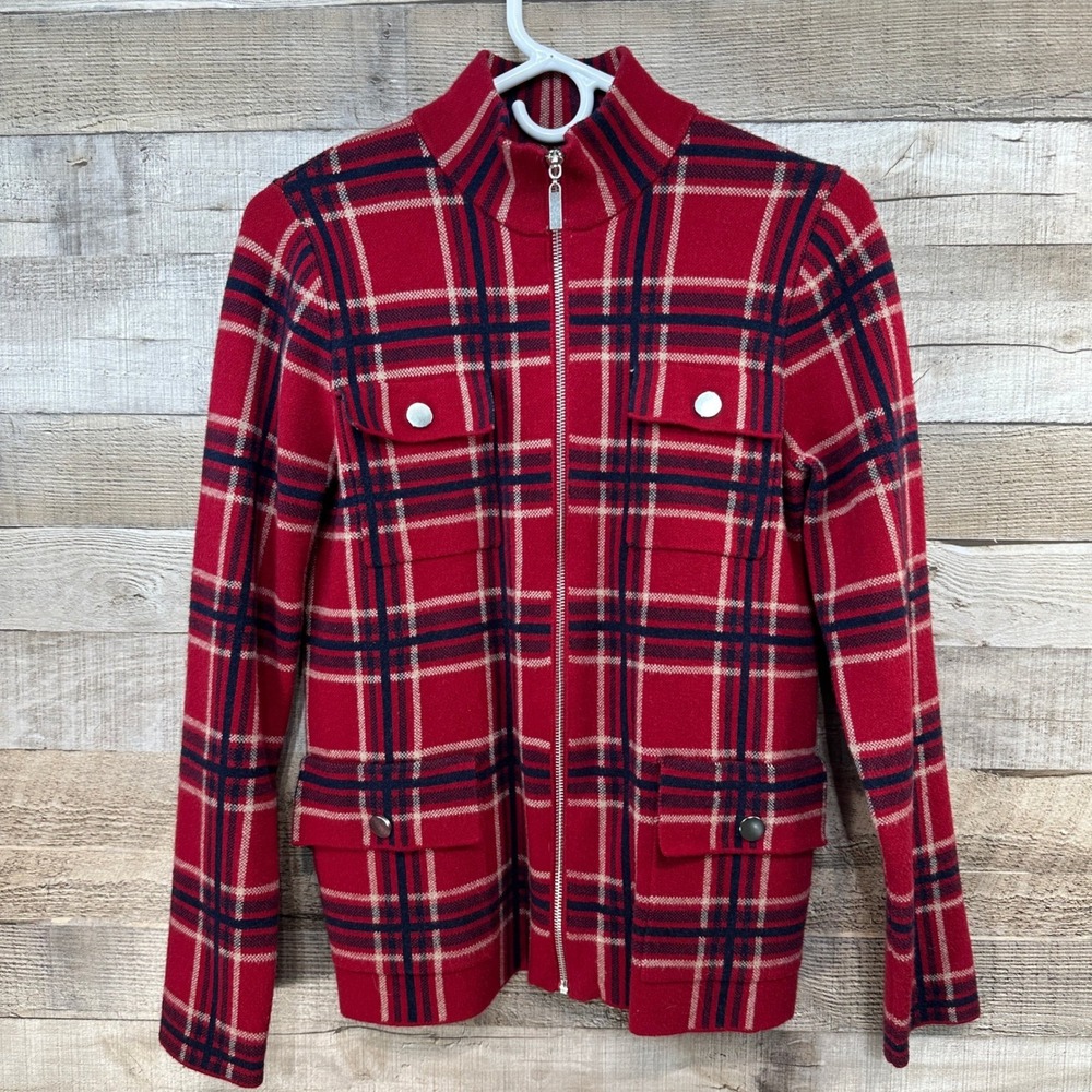 Rachel Zoe Womens Red Navy Tan Plaid Mock Neck Full Zip Cardigan Sweater M